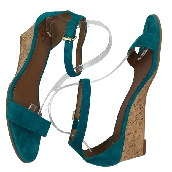 Tory Burch Savannah Suede Wedge Ankle Strap Sandal Turquoise - Picture 4 of 13